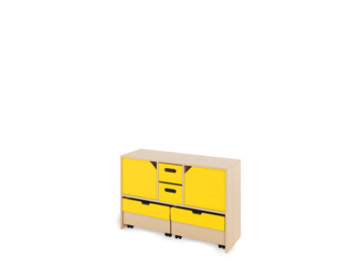 Storage Unit M with shelves and doors + with deep wooden trays & container - Yellow
