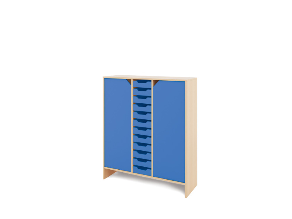Storage Unit XL with shelves and doors + shallow wooden trays - Blue