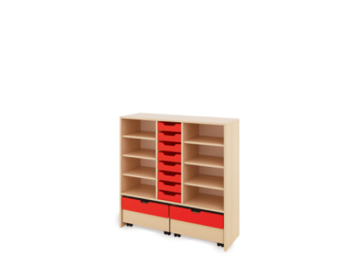 Storage Unit X with shelves + shallow cardboard trays & container - Red