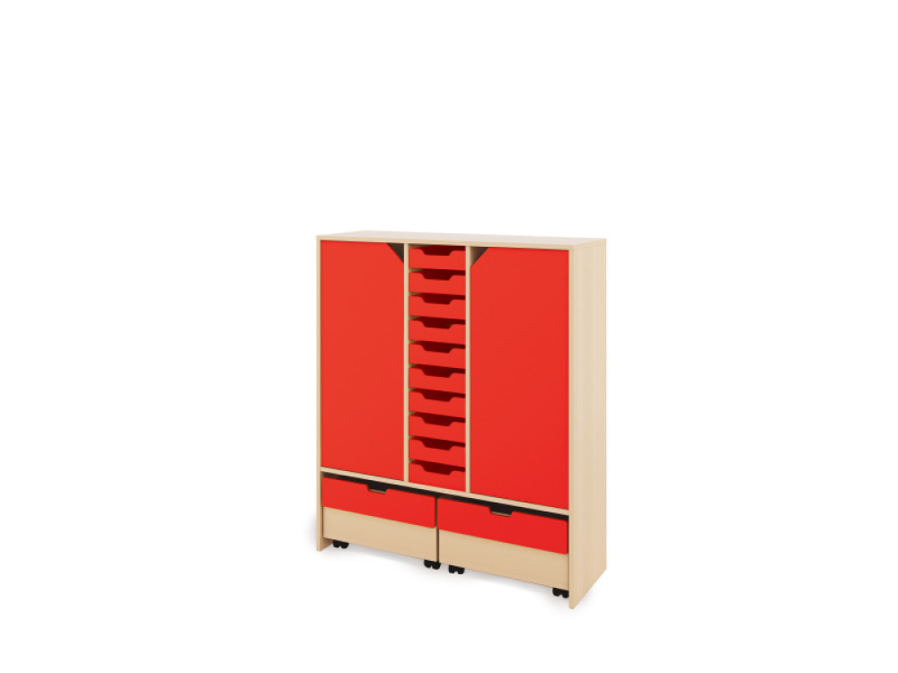 Storage Unit XL with shelves and doors + shallow wooden trays & container - Red