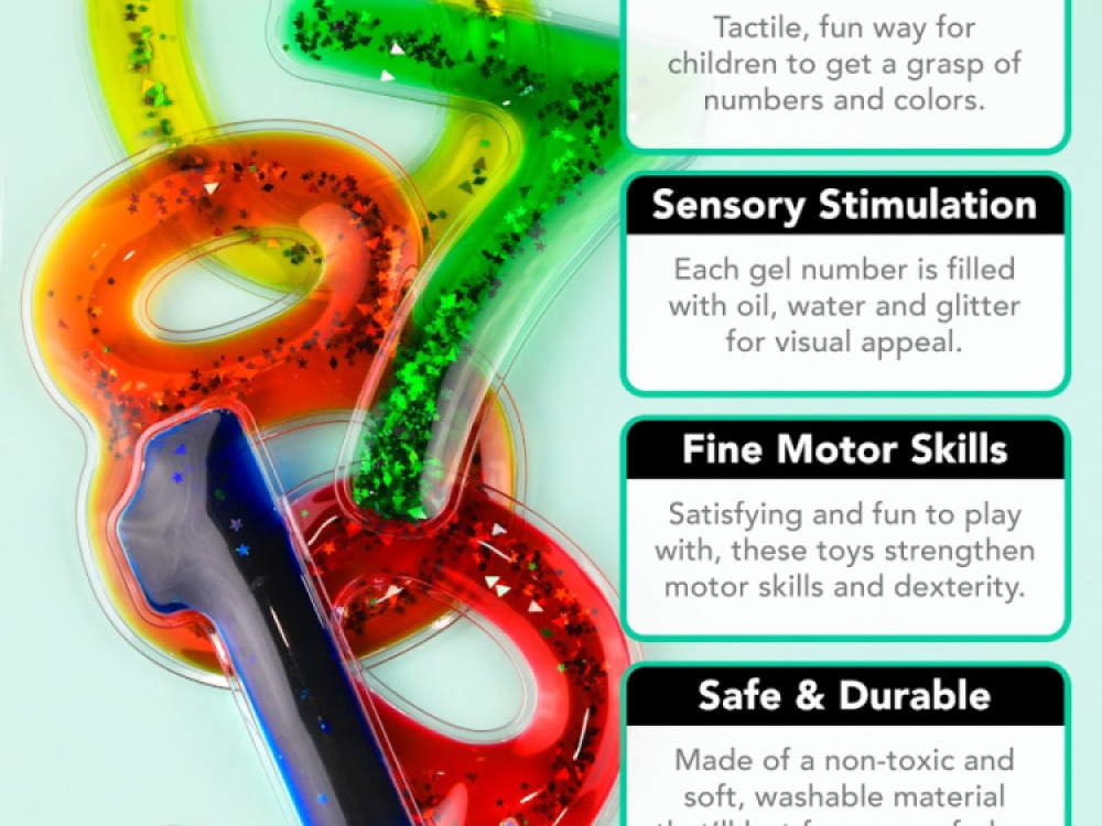 Squidgy Sparkly Numbers 10 Pack Sensory Gel Shapes, Glitter & Colourful Liquid, Squidgy Jelly Fidgeting Toy
