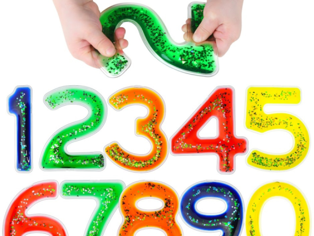 Squidgy Sparkly Numbers 10 Pack Sensory Gel Shapes, Glitter & Colourful Liquid, Squidgy Jelly Fidgeting Toy