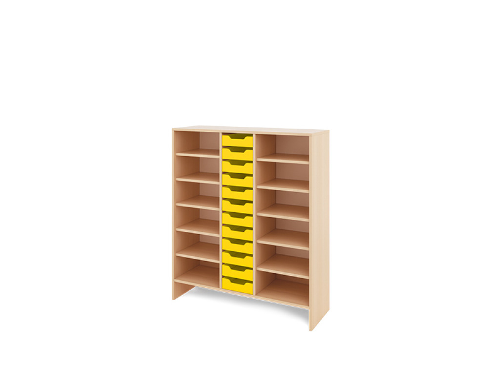 Storage Unit XL with shelves + shallow cardboard trays - Yellow