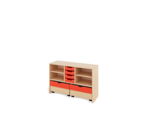 Storage Unit M with shelves + shallow cardboard trays & container - Red