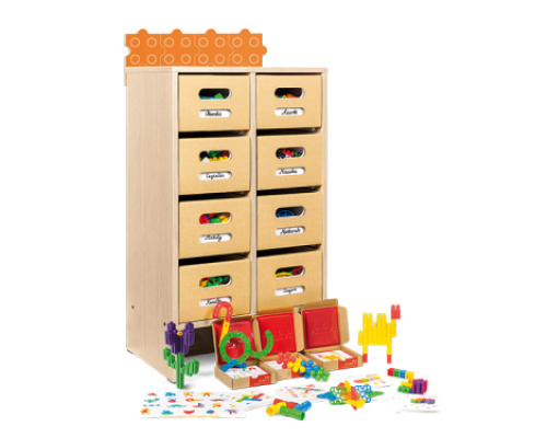 ECO. storage cabinet with bricks and worksheets