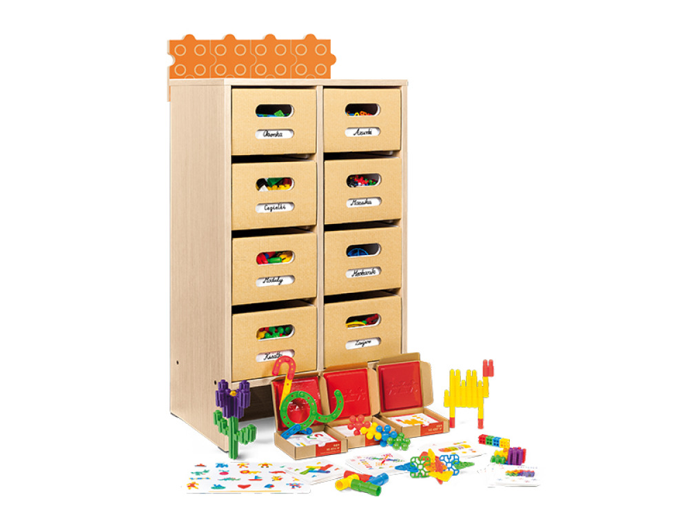 ECO. storage cabinet with bricks and worksheets