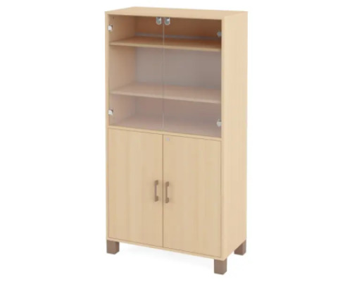 A tall wardrobe with shelves, glass doors and a door with a lock. Birch. Fresh Collection