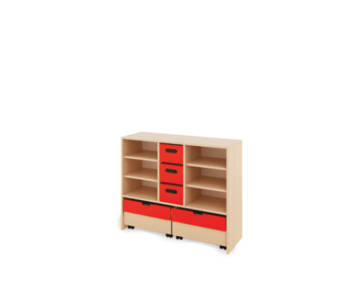 Storage Unit L with shelves + with deep wooden trays & container - Red