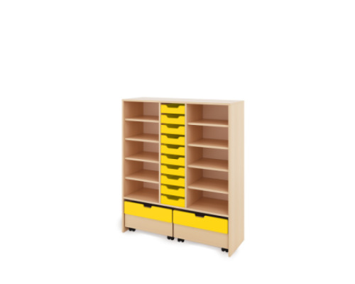 Storage Unit XL with shelves + shallow wooden trays & container - Yellow