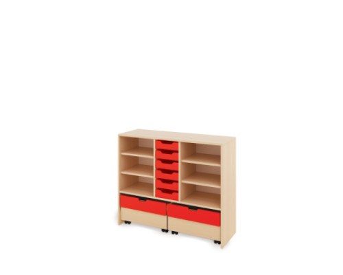 Storage Unit L with shelves + shallow cardboard trays & container - Red