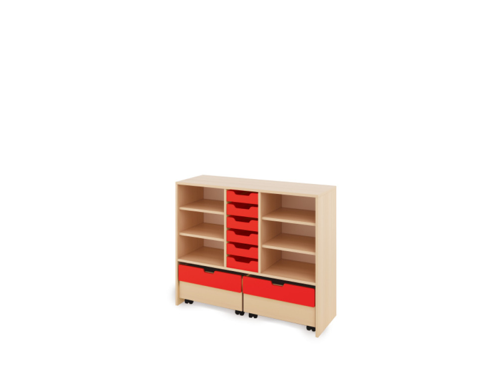 Storage Unit L with shelves + shallow cardboard trays & container - Red
