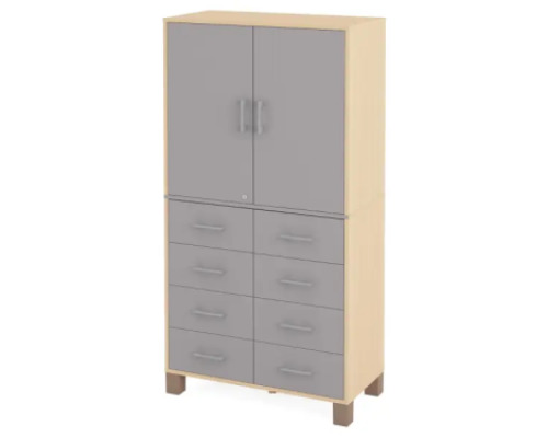 A tall wardrobe with drawers and a door with a lock. Grey. Fresh Collection