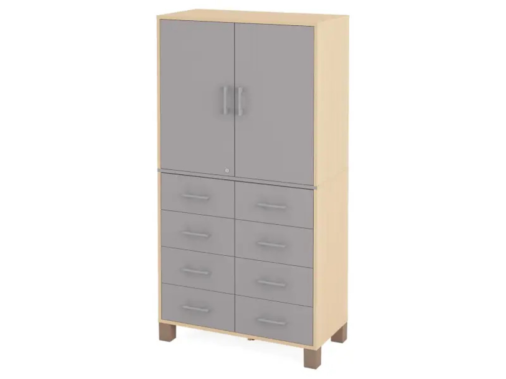 A tall wardrobe with drawers and a door with a lock. Grey. Fresh Collection