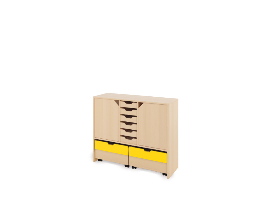 Storage Unit L with shelves and doors + shallow cardboard trays & container - Eko