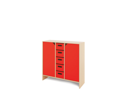 Storage Unit X with shelves and doors + deep wooden trays - Red