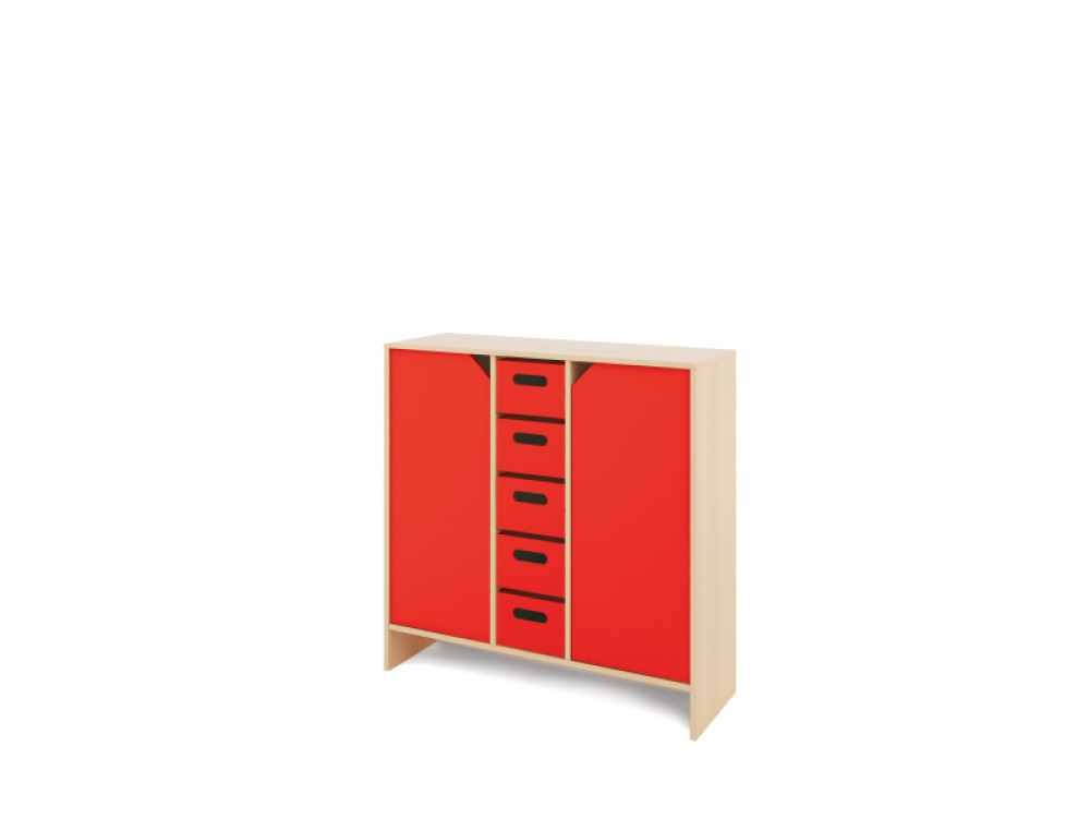 Storage Unit X with shelves and doors + deep wooden trays - Red