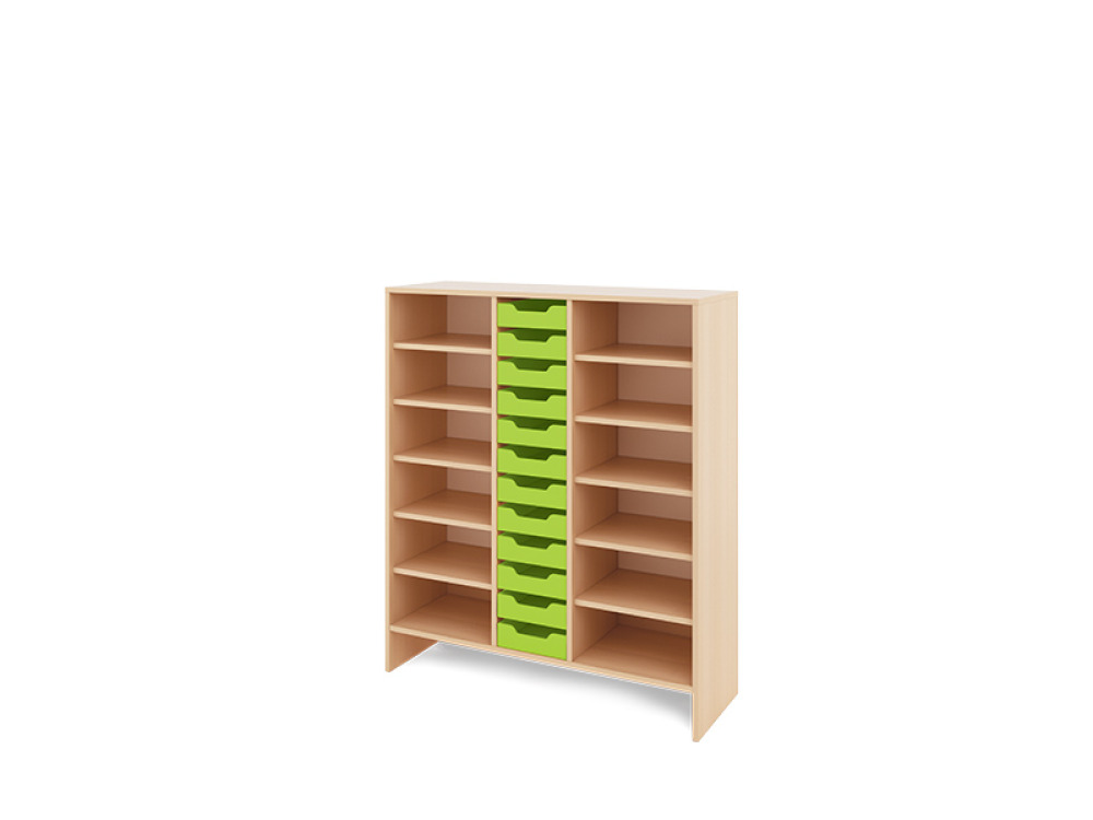 Storage Unit XL with shelves + shallow wooden trays - Green