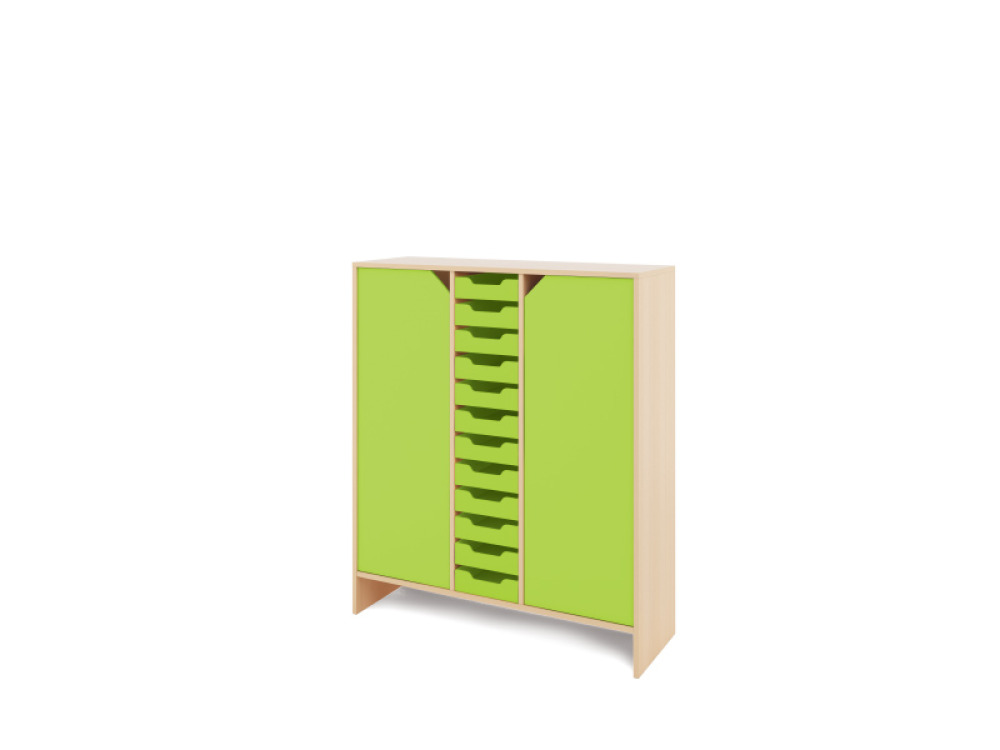 Storage Unit XL with shelves and doors + shallow wooden trays - Green