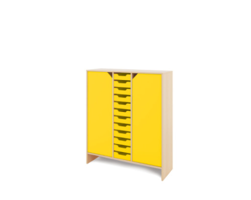 Storage Unit XL with shelves and doors + shallow wooden trays - Yellow