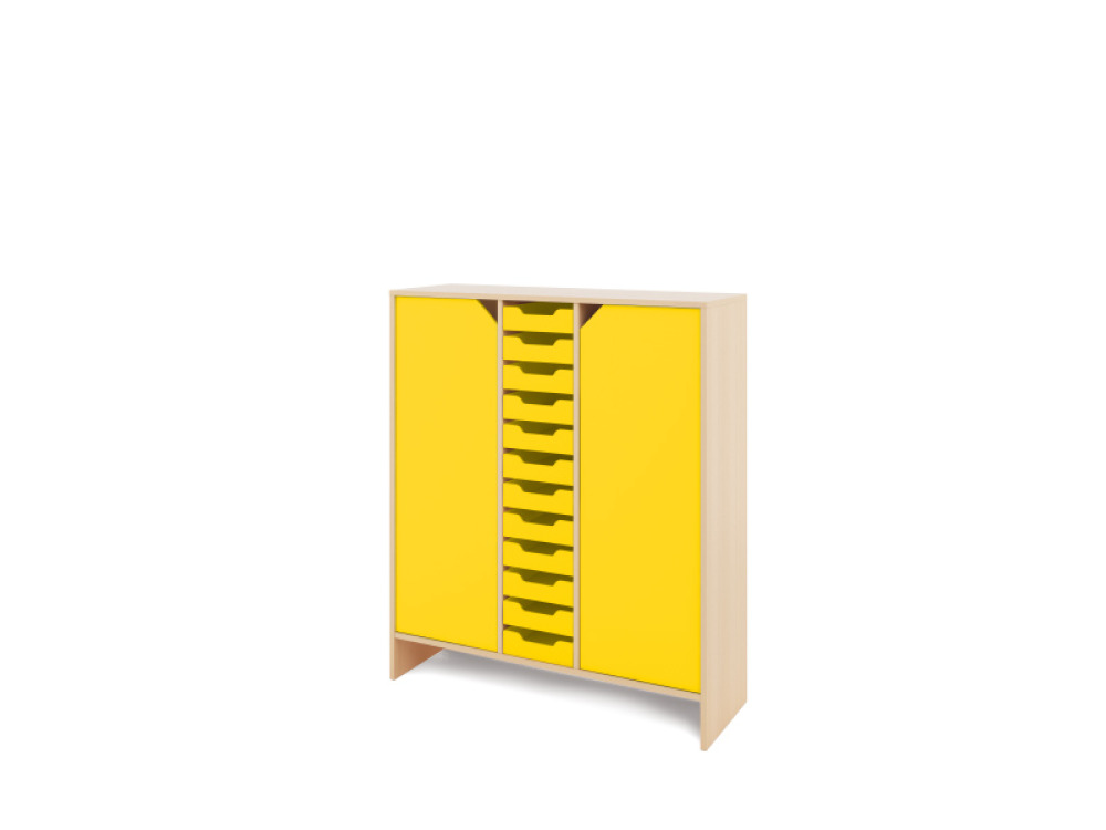 Storage Unit XL with shelves and doors + shallow wooden trays - Yellow