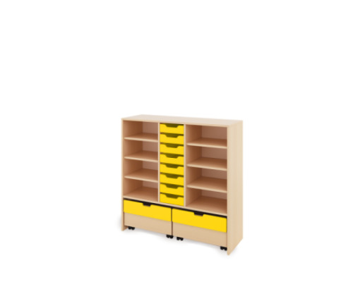 Storage Unit X with shelves + shallow cardboard trays & container - Yellow