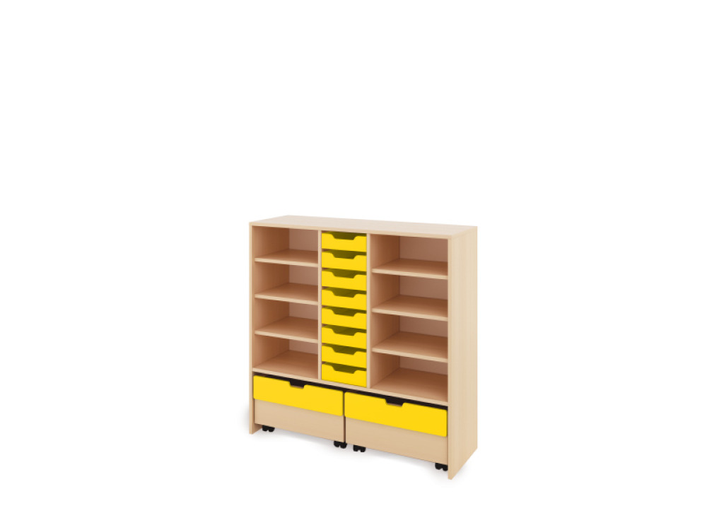 Storage Unit X with shelves + shallow cardboard trays & container - Yellow