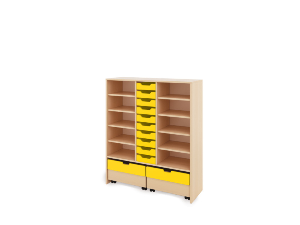 Storage Unit XL with shelves + shallow cardboard trays & container - Yellow